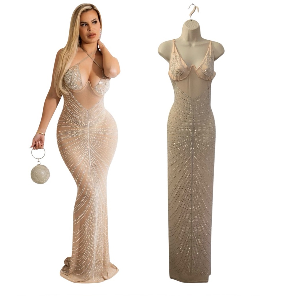 Nude Sparkle Body Con Maxi Dress Size XXL